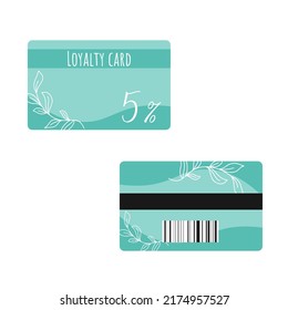 Loyalty card isolated vector illustration. Store customer discount card. Set of eco goods bonus card template. Frame with foliage and percentage discount