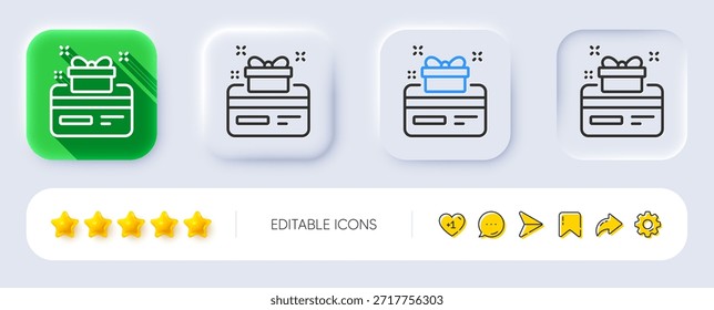 Icono de línea de tarjeta de fidelización. Neumórfico, Sombra plana, Botones 3D. Puntos de bonificación. Símbolo de programa de descuento. Icono de tarjeta de fidelización de línea. Iconos de redes sociales. Vector