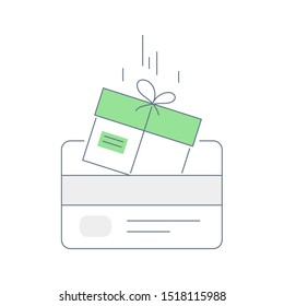 Loyalty card program. Receive bonus points, incentive gift, cash back, earn reward, redeem gift, win present. Flat linear vector illustration.