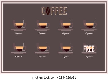 Loyalty Card For Regular Customers Of The Coffee Shop. Buy 7 Cups And Get The Eighth One For Free. Coffee With You And Coffee To Take Away.