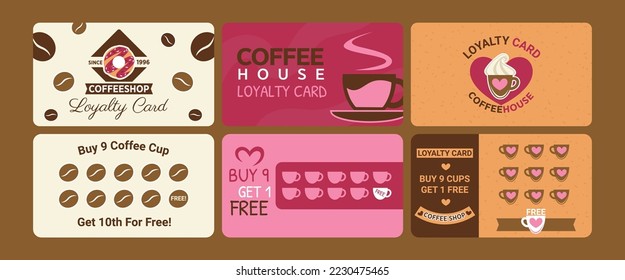 Loyalty card set for coffee house marketing. Free cup for regular customer at template branding element, vector illustration. Coffeeshop deal for beverage mug at tag design collection