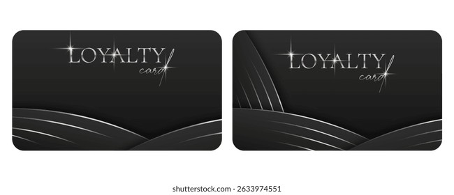 Loyalty card template set. Elegant Black business card with silvery 3d text and lines. Realistic elements. Luxury design. Vector illustration for vip, bonus card, gift certificate, invitation