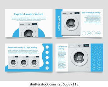 A loyalty card template that highlights multiple laundry options including self-service, eco-friendly, premium, and dry cleaning. It promotes convenience and rewards customers for frequent visits.