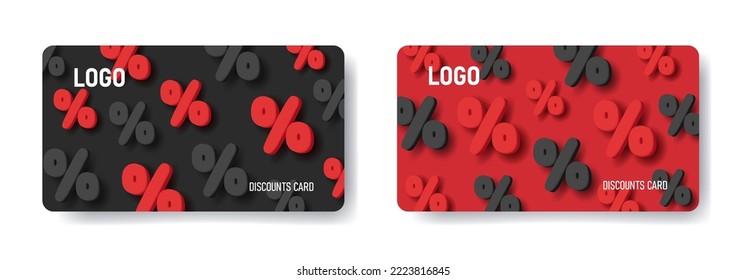 Loyalty card template with volume 3d percent signs in red and black colors