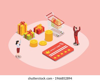 Loyalty Card Vector Concept. Two Loyal Customer Feeling Happy While Getting Loyalty Card And Standing With Money And Gift Boxes From The Store