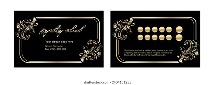 Loyalty card in vintage luxury style for your business, coupon gift free. Pre-made vector mockup in luxury vintage style on black background with gold gradient. Suitable for any business.