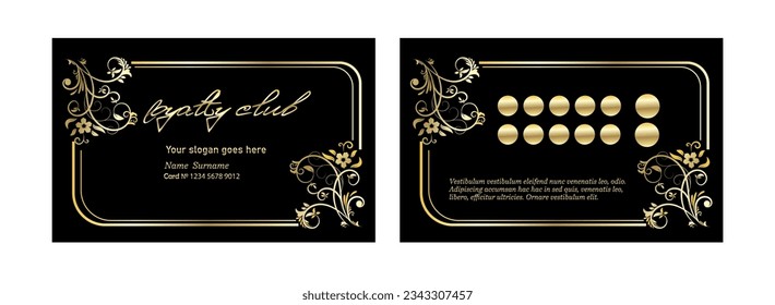 Loyalty card in vintage style for your business, coupon gift for free. Pre-made vector layout in luxury vintage style on a black background with gold. Suitable for any business.