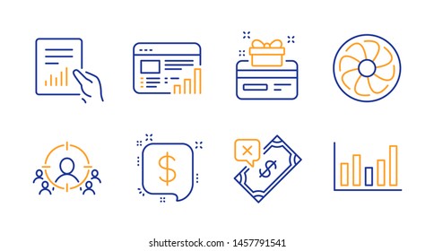Loyalty card, Web report and Payment message line icons set. Fan engine, Rejected payment and Business targeting signs. Document, Column chart symbols. Bonus points, Graph chart. Finance set. Vector