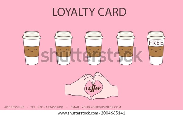 Loyalty card. Loyalty card with white cups of\
coffee to take away. Pink cute background. A heart. A place for\
your text. coffee\
card.