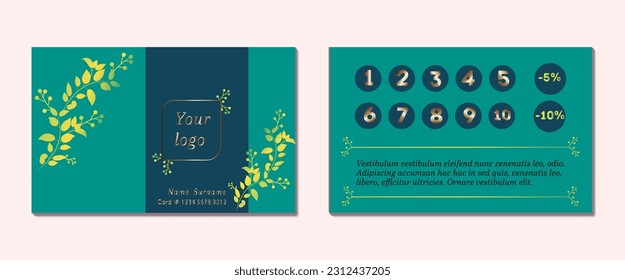 Loyalty card for your business, coupon gift for free. Pre-made vector mockup in luxurious design with trendy palette and golden gradient. Suitable for any business.