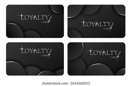 Loyalty cards set. Elegant Black business card with silvery 3d text, balls, lines, spheres. Modern bonus card with metallic realistic elements. Vector illustration for vip, gift certificate