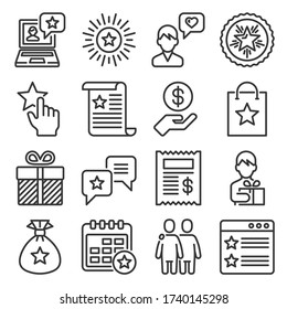 Icons Set für Loyalität und Kundenfeedback. Zeilenstil-Vektor