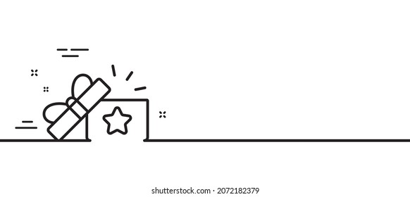 Icono de línea de la caja de regalo de fidelidad. Puntos de bonificación. símbolo del programa de descuento. Fondo mínimo de la ilustración de línea. Banner de patrón de icono de línea de regalo de fidelidad. Concepto de plantilla web blanca. Vector