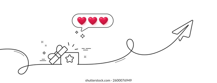 Loyalty gift box line icon. Continuous line with share plane. Bonus points. Discount program symbol. Hearts rate review in speech bubble. Loyalty gift single line ribbon. Loop curve pattern. Vector