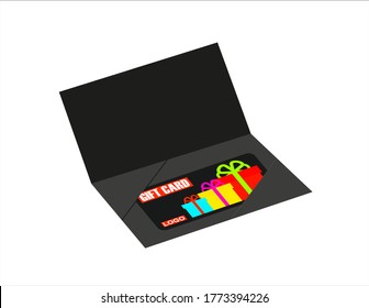 Loyalty Gift Card.Design Mockup Plastic Card  Inside Paper Booklet Holder Isolated.  Mock Certificate In To Envelope.Vector  Illustration.