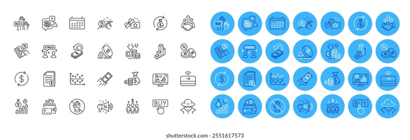 Loyalty gift, Corrupt and Coins bag line icons pack. Salary, Difficult stress, Deflation web icon. Deal, Currency exchange, Sale megaphone pictogram. Bitcoin mining, Credit card, Bid offer. Vector