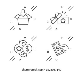 Loyalty Gift, Loyalty Points And Get Box Line Icons Set. Pay Money Sign. Bonus Award, Change Dollar, Send Package. Hold Cash. Business Set. Line Loyalty Gift Outline Icon. Vector