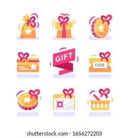 Loyalty gift, reward for purchase, earn points and redeem special present, lottery prize, giveaway concept, incentive program, promo offer, vector icon set, flat illustration