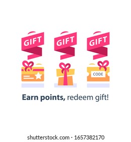 Loyalty gift, reward for purchase, earn points and redeem special present, lottery prize, giveaway concept, incentive program, promo offer, vector icon set, flat illustration