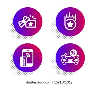 Loyalty gift, Loyalty star and Contactless payment icons simple set. Halftone dots button. Car leasing sign. Bonus award, Bonus reward, Phone money. Transport discount. Finance set. Vector