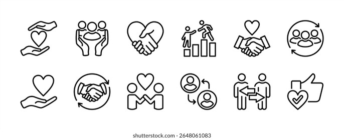 Conjunto de ícones de fidelidade. Contém devoção, confiança, confiabilidade, compromisso, cooperar, relacionamento, conexão, apoio, amizade, trabalho em equipe, leal, amor, compartilhamento, união. Ilustração vetorial
