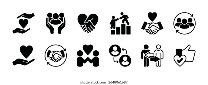 Conjunto de vetores de ícone de fidelidade. Contém devoção, confiança, confiabilidade, compromisso, cooperar, relacionamento, conexão, apoio, amizade, trabalho em equipe, leal, amor, compartilhamento, união. Ilustração