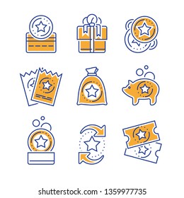 Loyalty Incentives, Bonus Card, Earn Reward, Redeem Gift, Shopping Perks, Discount Coupon, Collect Coins, Win Present, Lottery Ticket, Vector Mono Line Icon Set, Linear Illustration, Outline Design