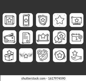 Loyalty line icons. Bonus card, special offer and customer discount program. Shopping bag, loyalty card and lottery present. Vector illustration EPS10