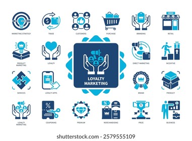 Loyalty Marketing icon set. Customers, Trade, Brand, Retail, Premium, Business, Couponing, Direct Marketing. Duotone color solid icons