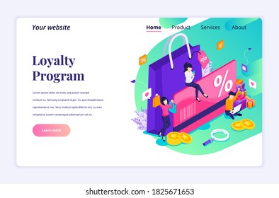 Loyalty marketing program concept. People characters with a giant Loyalty card, Rewards card points, Gift boxes, Discounts, and Bonuses. Isometric Vector Illustration