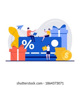 Loyalty marketing program and customer service concept with tiny character. Customers getting gifts and rewards card points for purchases. Vector illustration for sale, bonus, promotion.