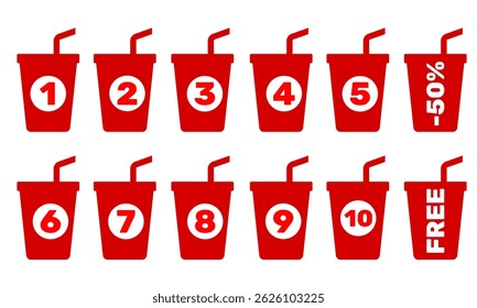 Conjunto de ícones de milkshake ou cafetaria de membro de fidelidade. Cupom de bebida grátis simples. Ilustração vetorial de comprovante de cupom para recursos gráficos de evento ou promoção comercial
