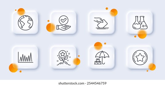 Loyalty points, Approved checkbox and Loyalty star line icons pack. 3d glass buttons with blurred circles. Voting ballot, Line graph, Chemistry lab web icon. Vector