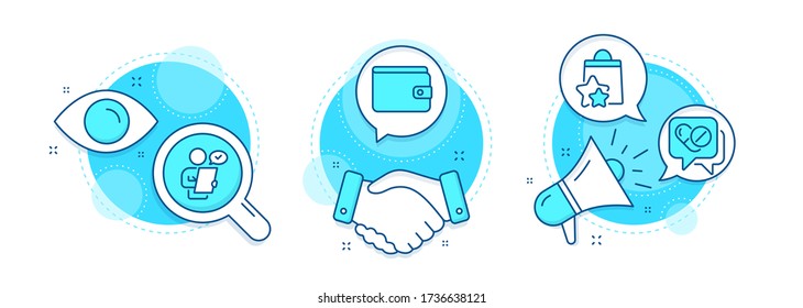 Loyalty points, Customer survey and Medical drugs line icons set. Handshake deal, research and promotion complex icons. Money wallet sign. Bonus bags, Contract, Medicine pills. Payment method. Vector