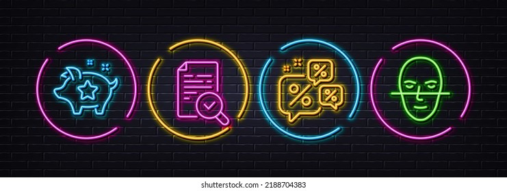 Loyalty points, Discounts chat and Inspect minimal line icons. Neon laser 3d lights. Face recognition icons. For web, application, printing. Piggy bank, Sale bubbles, Research document. Vector