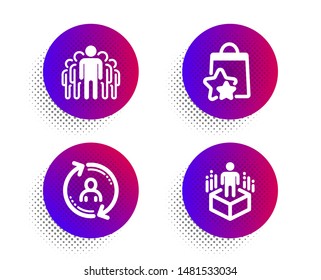Loyalty points, Group and User info icons simple set. Halftone dots button. Augmented reality sign. Bonus bags, Managers, Update profile. Virtual reality. Technology set. Vector