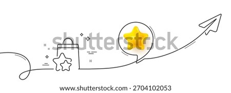 Loyalty points line icon. Continuous line with share plane. Bonus bags. Discount program symbol. 3d star in speech bubble. Loyalty points single line ribbon. Loop curve pattern. Vector