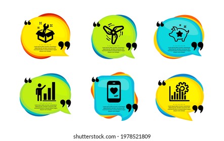 Loyalty points, Love chat and Spanner icons simple set. Speech bubble with quotes. Wind energy, Graph chart and Seo graph signs. Piggy bank, Smartphone, Repair service. Vector