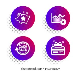 Loyalty points, Operational excellence and Cashback icons simple set. Halftone dots button. Loyalty card sign. Piggy bank, Corporate business, Refund commission. Bonus points. Finance set. Vector