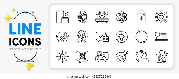 Loyalty points, Refresh and Timer line icons set for app include Wifi, Chemistry lab, Support chat outline thin icon. Dating, Graph phone, Puzzle pictogram icon. Idea, Parking security. Vector