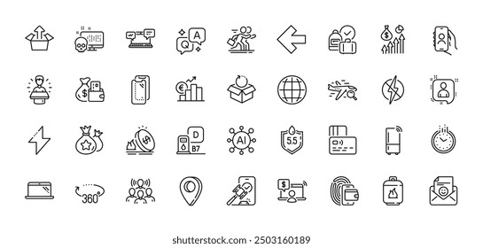 Loyalty points, Refrigerator and Euro rate line icons pack. AI, Question and Answer, Map pin icons. Cyber attack, Laptop, User call web icon. Vector