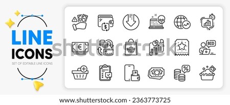 Loyalty points, Report document and Phone wallet line icons set for app include Launder money, World statistics, Checklist outline thin icon. Euro currency, Add purchase. Vector