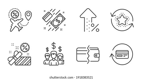 Loyalty points, Salary employees and Refund commission line icons set. Payment methods, Payment and Increasing percent signs. Sale, Flight sale symbols. Quality line icons. Vector