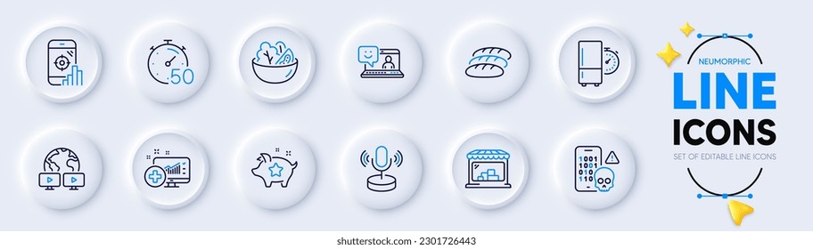 Puntos de lealtad, iconos de la línea de conferencias Smile y Video para la aplicación web. Paquete de iconos de los pictogramas de Seo phone, Market, Bread. Ataque cibernético, Timer, señales de micrófono. Ensalada, temporizador de refrigerador. Vector