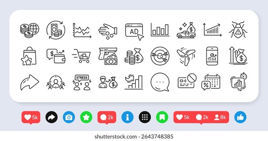 Loyalty points, Statistics timer and Software bug line icons pack. Social media: share, comment, like icons. Donation money, Difficult stress, Chart web icon. Robbery, Card, Budget pictogram. Vector