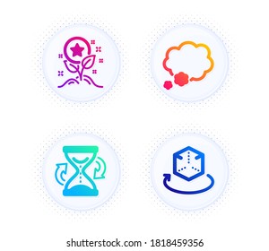 Puntos de lealtad, burbuja de charla e iconos de vidrio de color conjunto simple. Botón con puntos de semitono. Signo de realidad aumentada. Crece el bono, mensaje de chat, reloj de arena. Realidad virtual. Conjunto de negocios. Vector