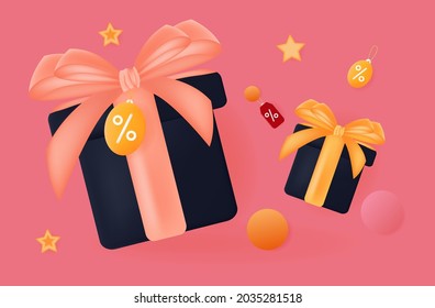Loyalty program 3d. Advertising promotion and profitable discount. Loyal sale and a gift with a coupon price tag, cashback refund. Purchase, payment with a percentage of the bonus. Vector illustration