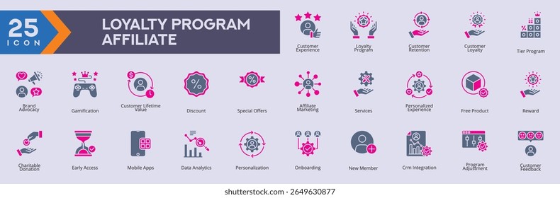 Loyalty Program Affiliate icons collection vector images in glyph style dual tone,
containing several customer experience, loyalty program, icons can also be used for Web and application icons,
