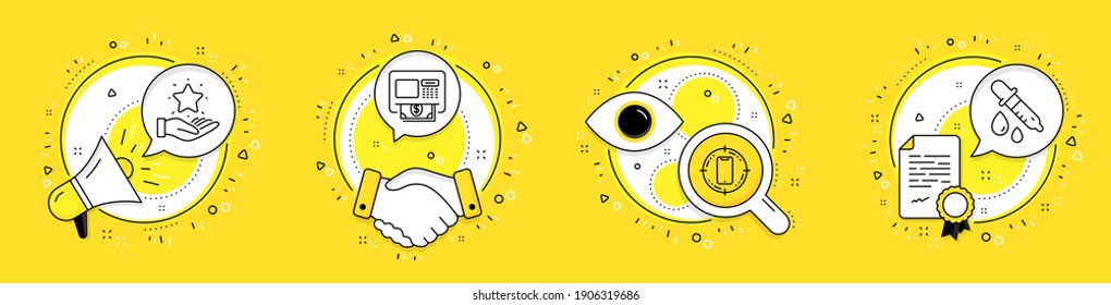 Loyalty program, Atm and Smartphone target line icons set. Megaphone, licence and deal vector icons. Chemistry pipette sign. Bonus star, Money withdraw, Phone. Laboratory. Technology set. Vector