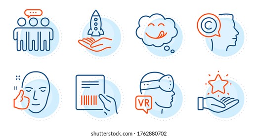 Loyalty program, Augmented reality and Writer signs. Yummy smile, Employees group and Healthy face line icons set. Parcel invoice, Crowdfunding symbols. Comic chat, Collaboration. People set. Vector